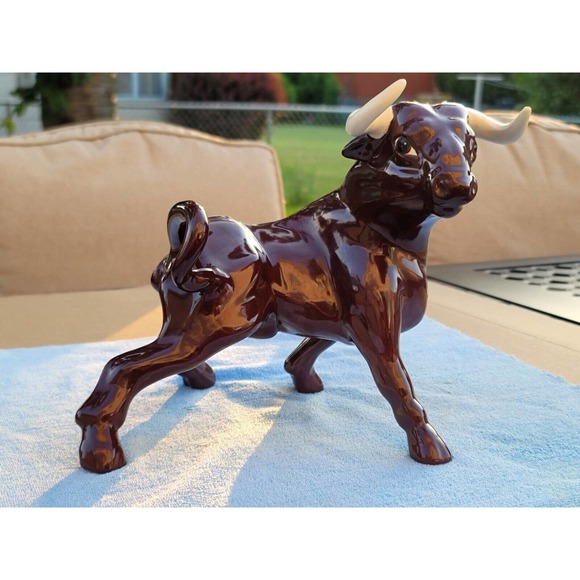 Vintage Ceramic Bull Mid Century Modern Figurine White Horns Handpainted - Picture 12 of 12